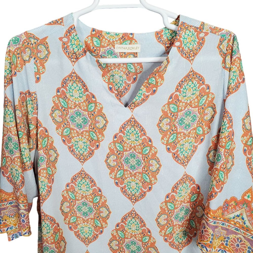 Cynthia Rowley Size 2X Tunic Blouse Pullover Medallion Print Split Neck Blue - Picture 3 of 13